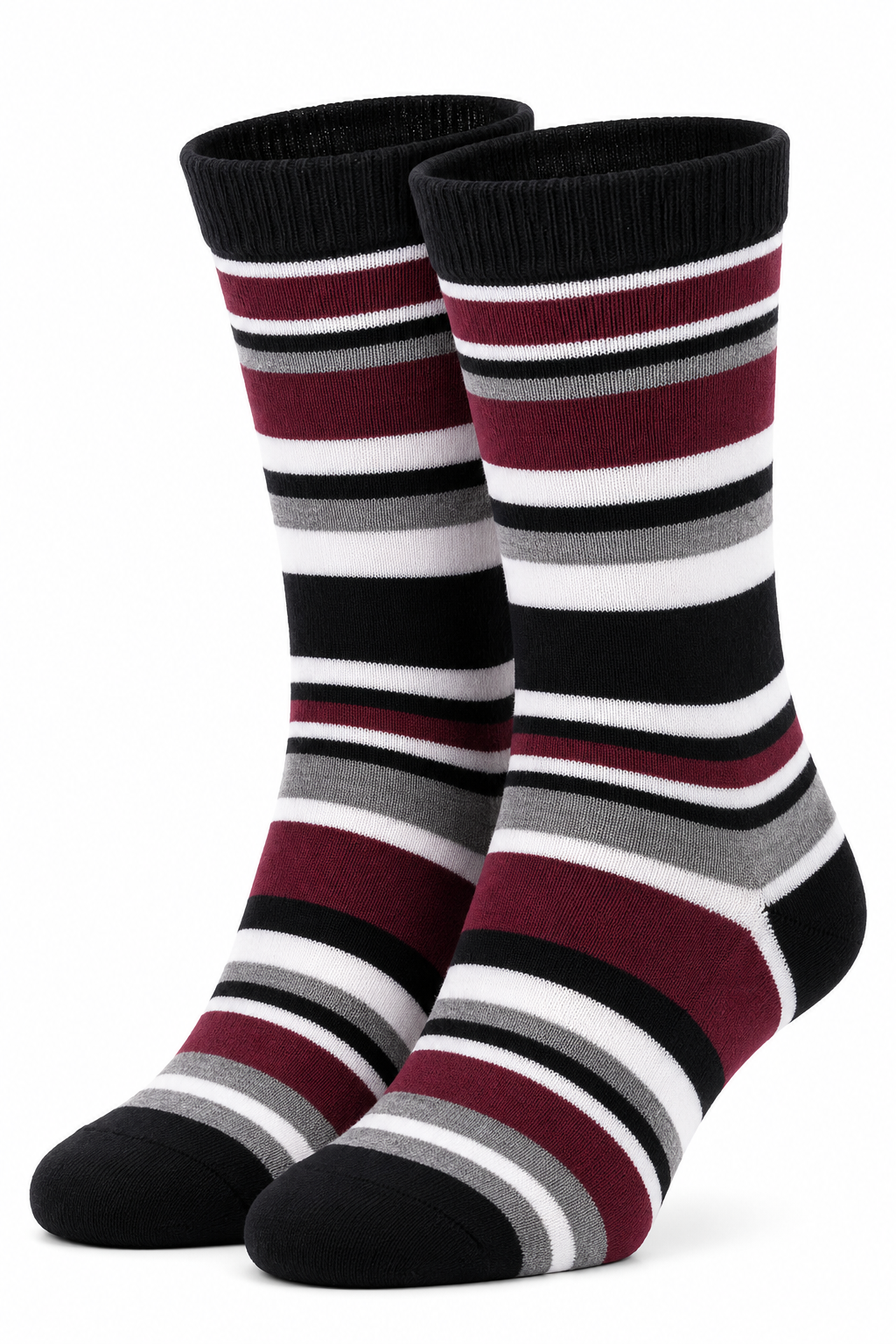 Men’s Premium High Ankle Striped Socks – Black, Burgundy, Grey & White | Soft Cotton Blend Crew Socks