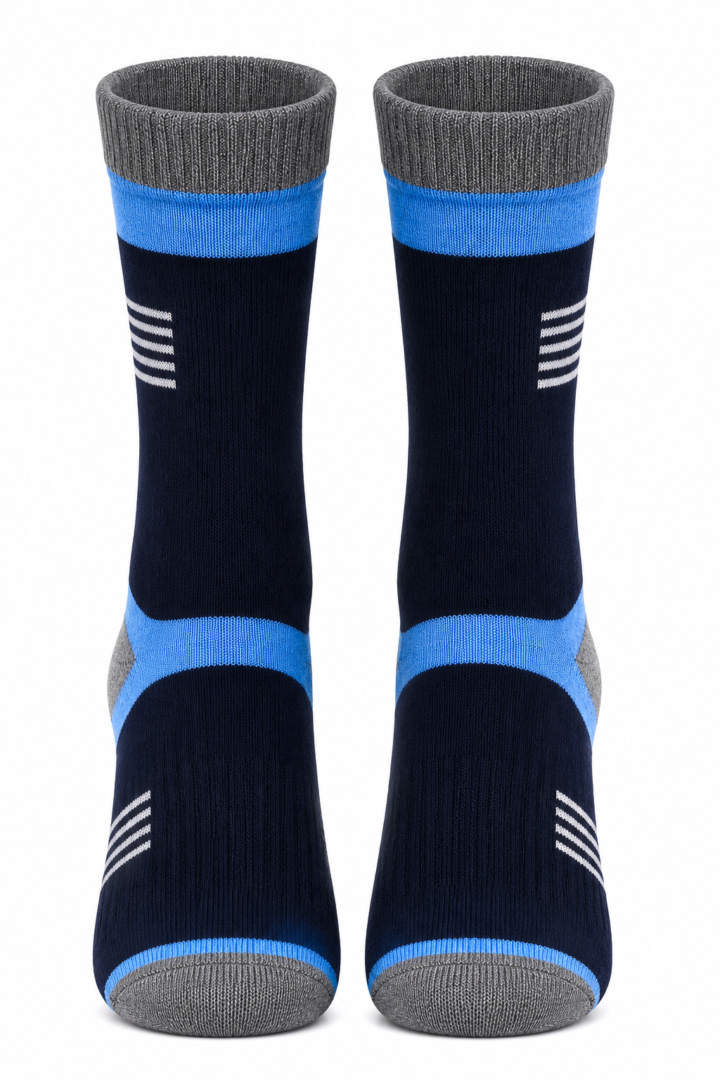 Men’s Navy Blue Half Terry High Ankle Socks with Sky Blue & Grey Accents – Premium Cotton Blend