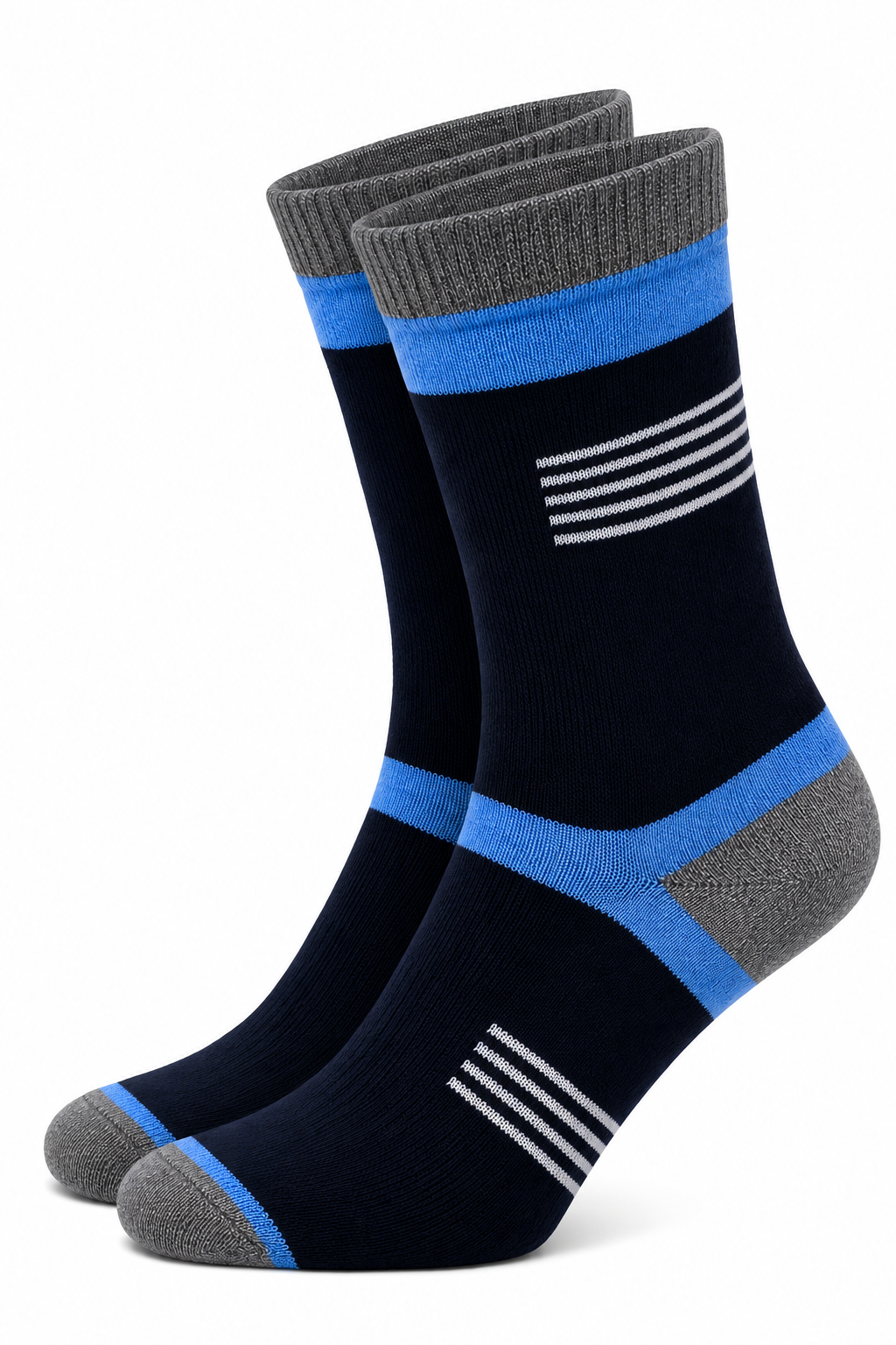 Men’s Navy Blue Half Terry High Ankle Socks with Sky Blue & Grey Accents – Premium Cotton Blend