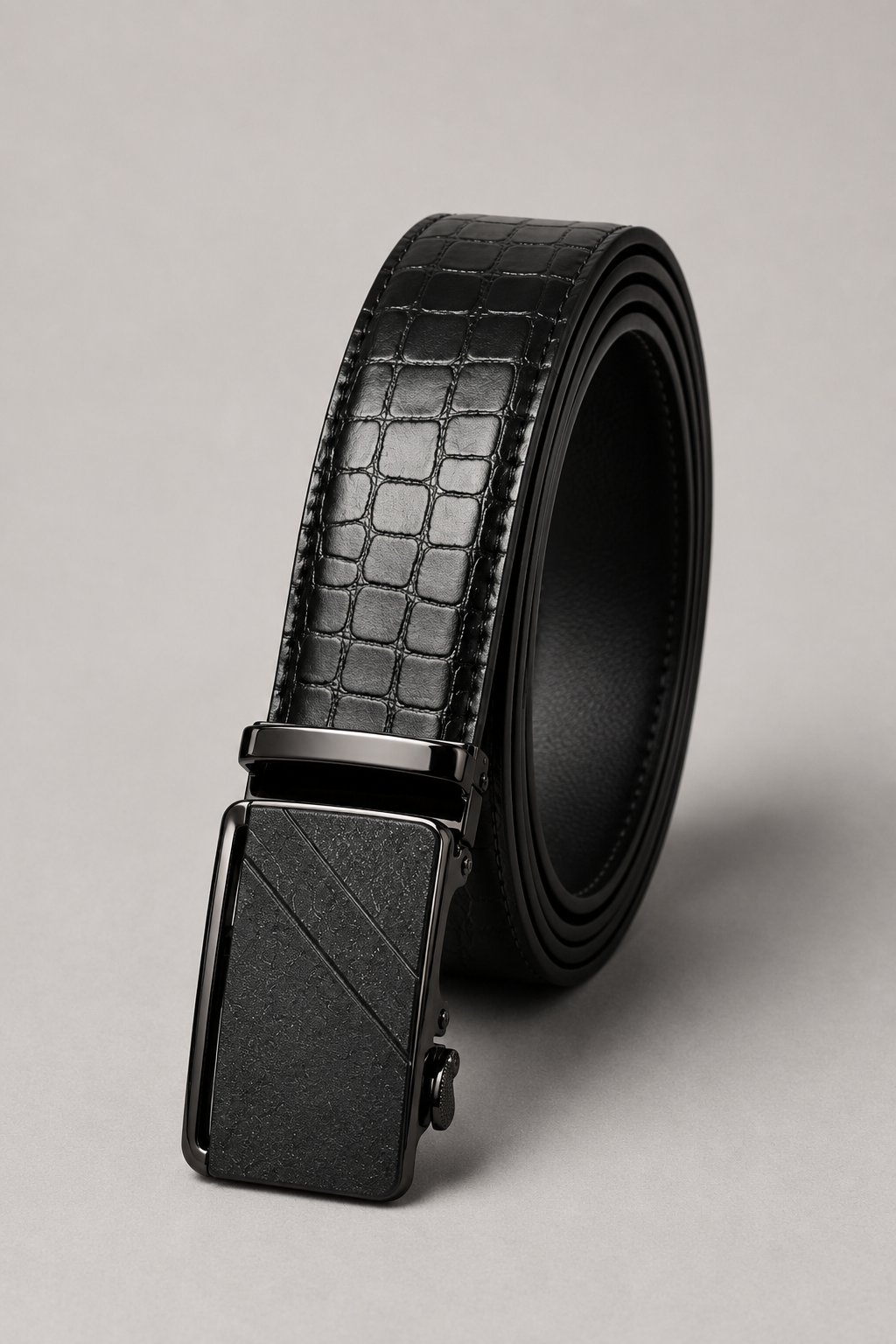 Men’s Black Croc-Textured Auto Lock Leather Belt with Gunmetal Buckle