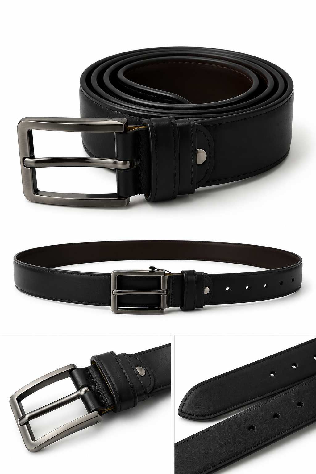 Men's Reversible Black & Brown Leather Belt with Brushed Metal Buckle | Premium Formal & Casual Belt for Men