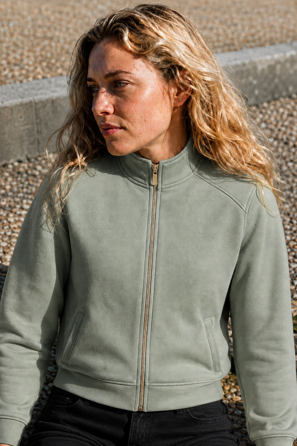 Women Desert Sage Cotton Blended German Velvet Full Zip | Standing Collar Winter Sweatshirt