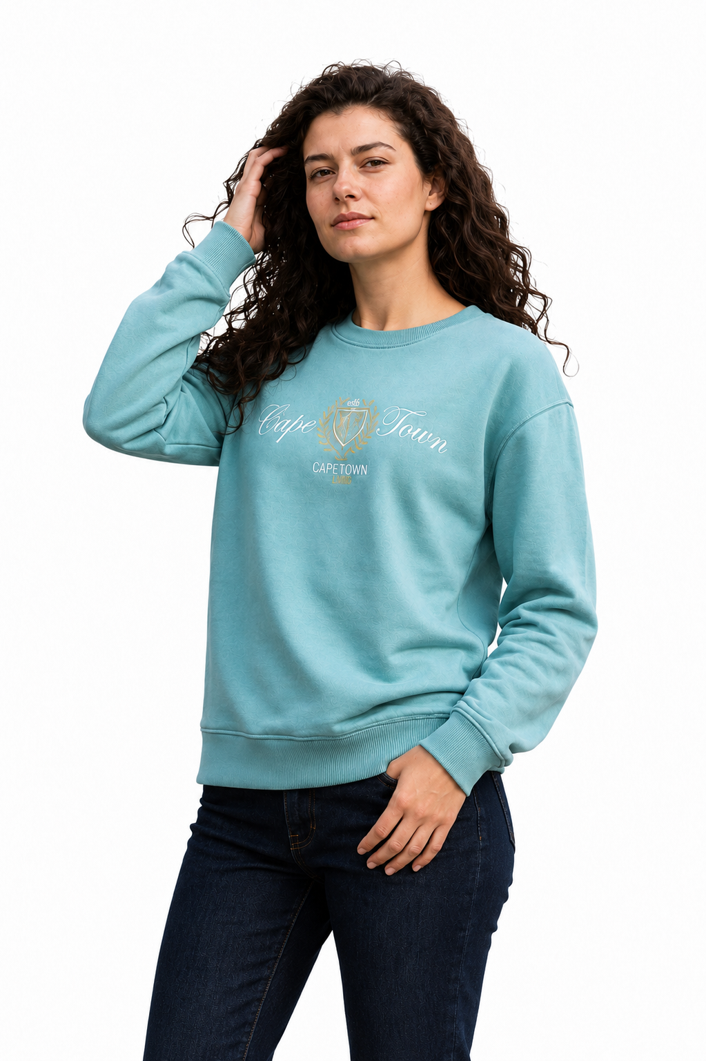 Women Light Teal Cotton Blended Suede Crew Neck | Full Sleeves Winter Sweatshirt