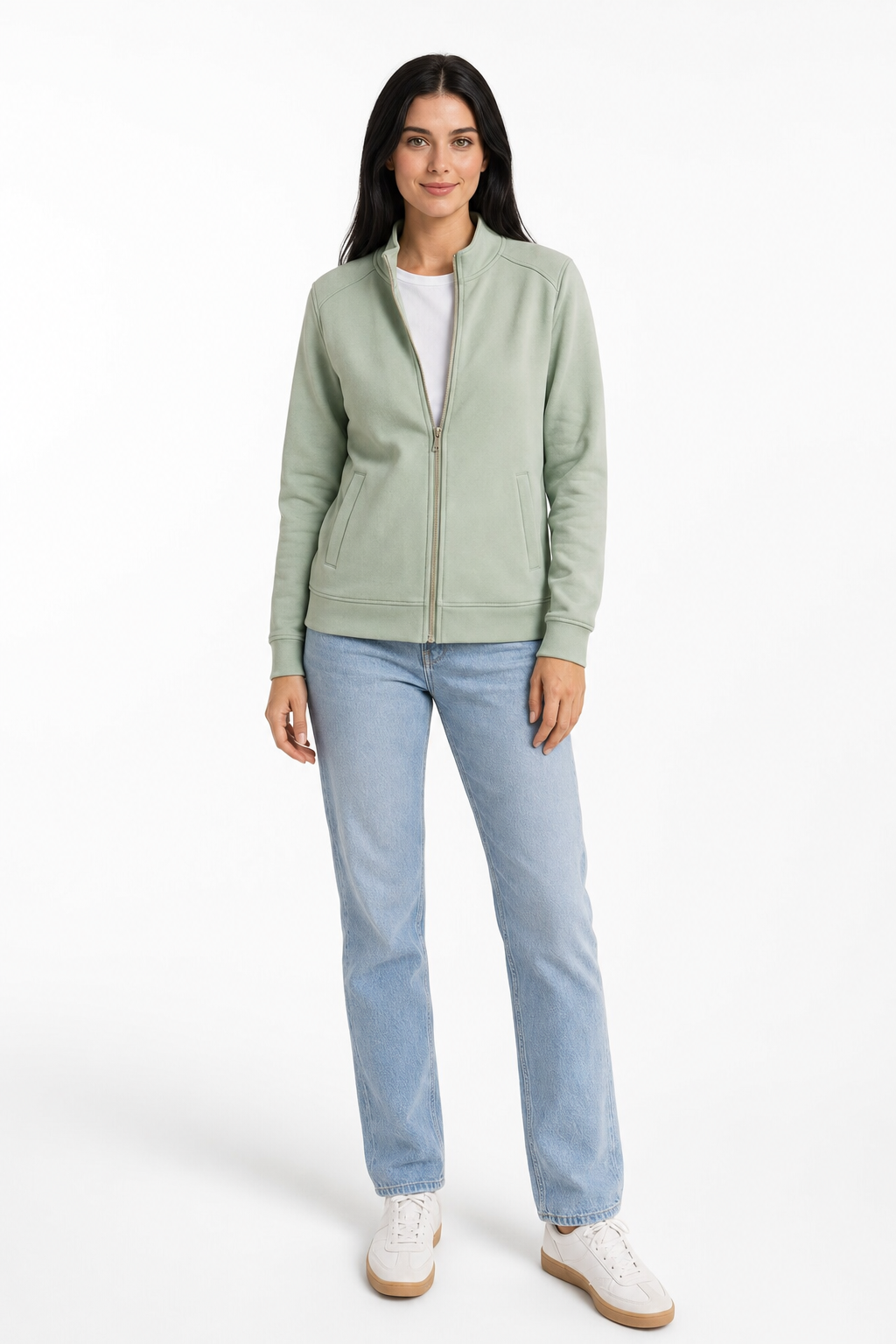 Women Desert Sage Cotton Blended German Velvet Full Zip | Standing Collar Winter Sweatshirt