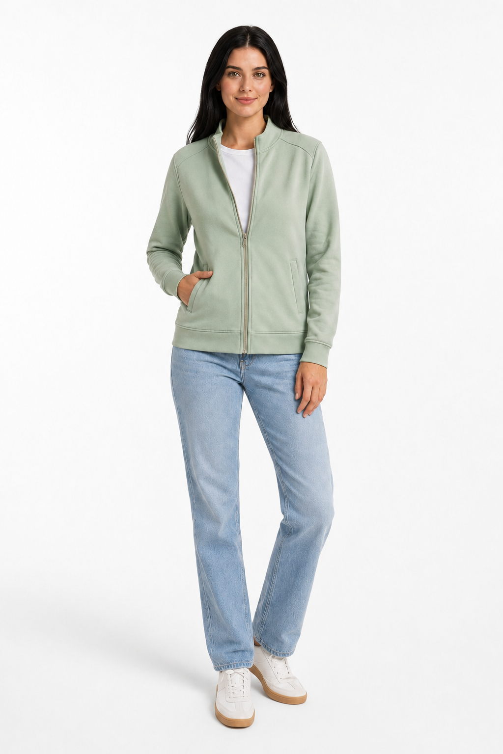 Women Desert Sage Cotton Blended German Velvet Full Zip | Standing Collar Winter Sweatshirt