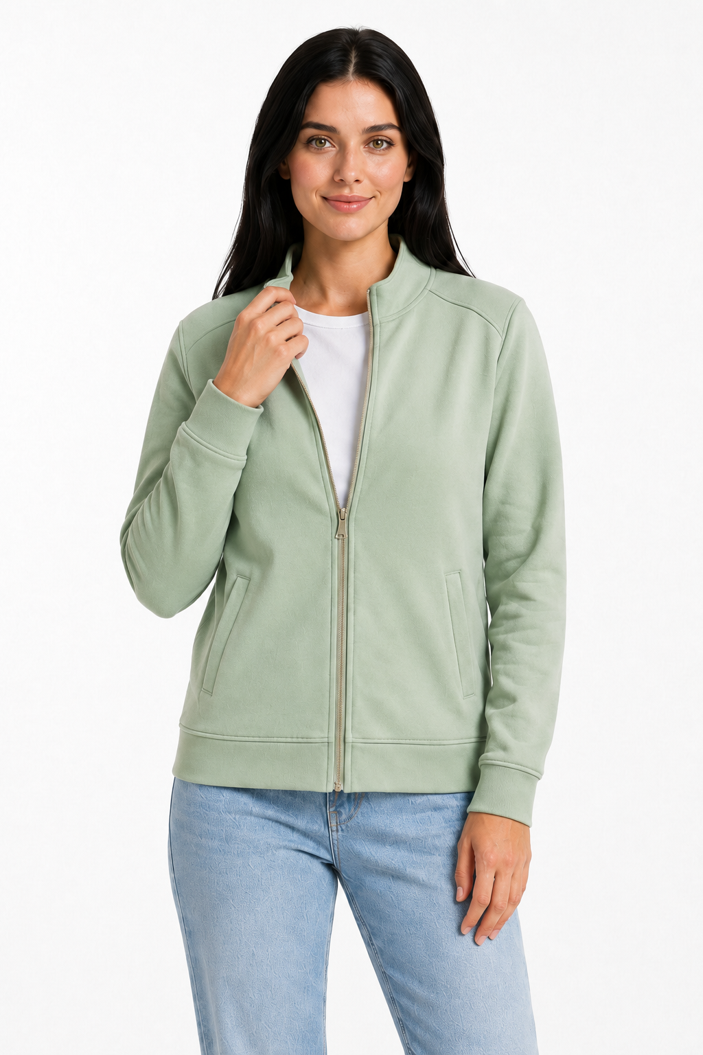Women Desert Sage Cotton Blended German Velvet Full Zip | Standing Collar Winter Sweatshirt
