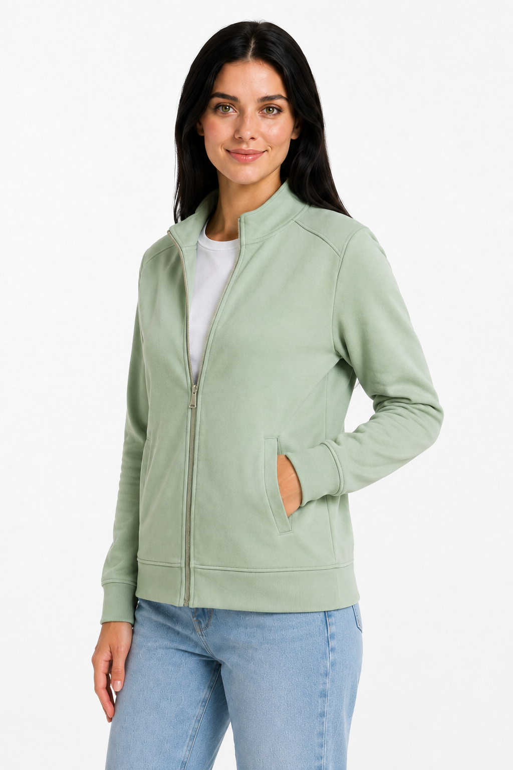 Women Desert Sage Cotton Blended German Velvet Full Zip | Standing Collar Winter Sweatshirt