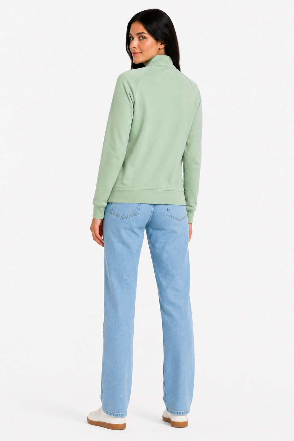 Women Desert Sage Cotton Blended German Velvet Full Zip | Standing Collar Winter Sweatshirt