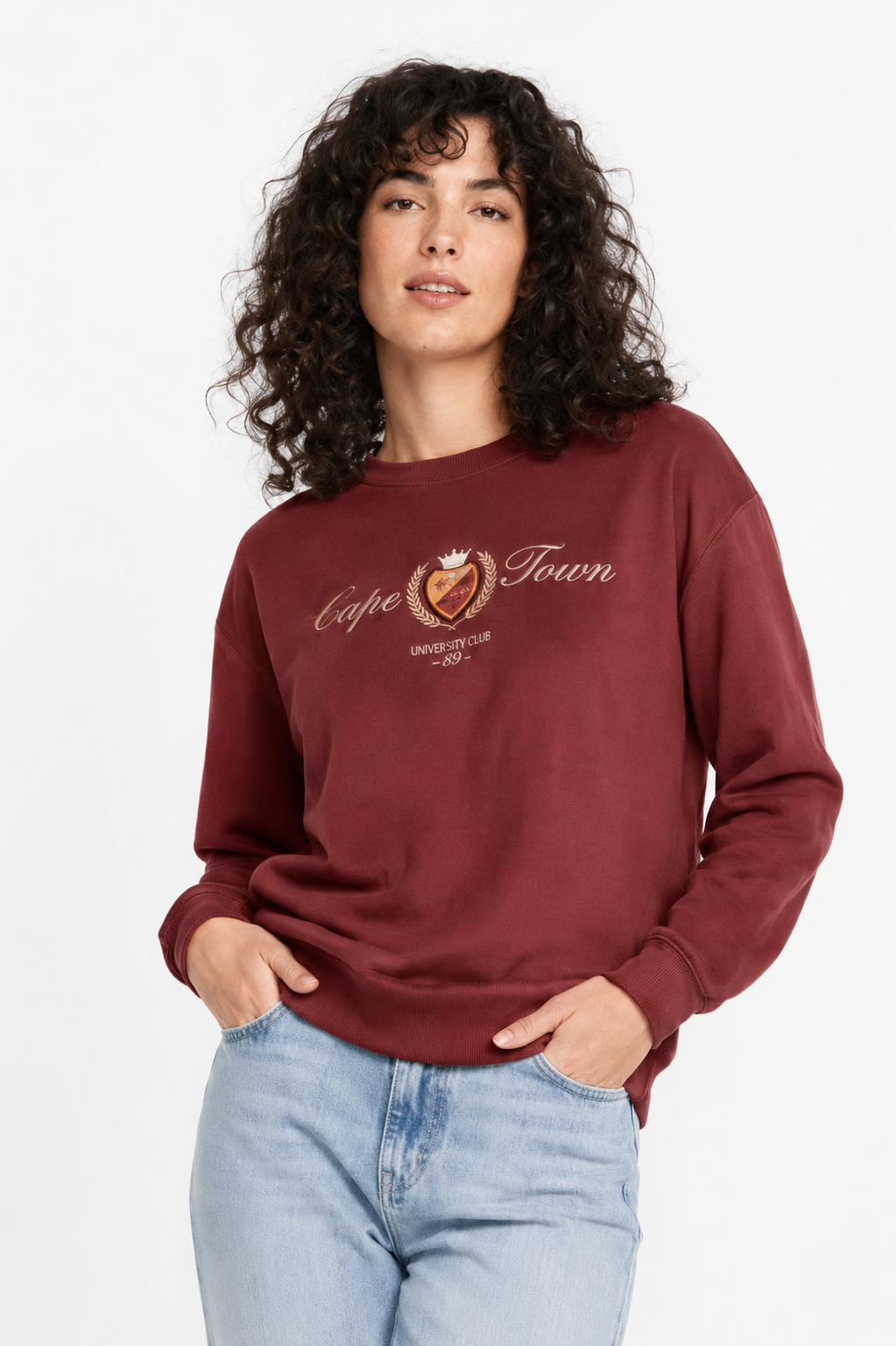 Women’s Wine Knitted Suede Round-Neck Sweatshirt with Cape Town Chest Graphic