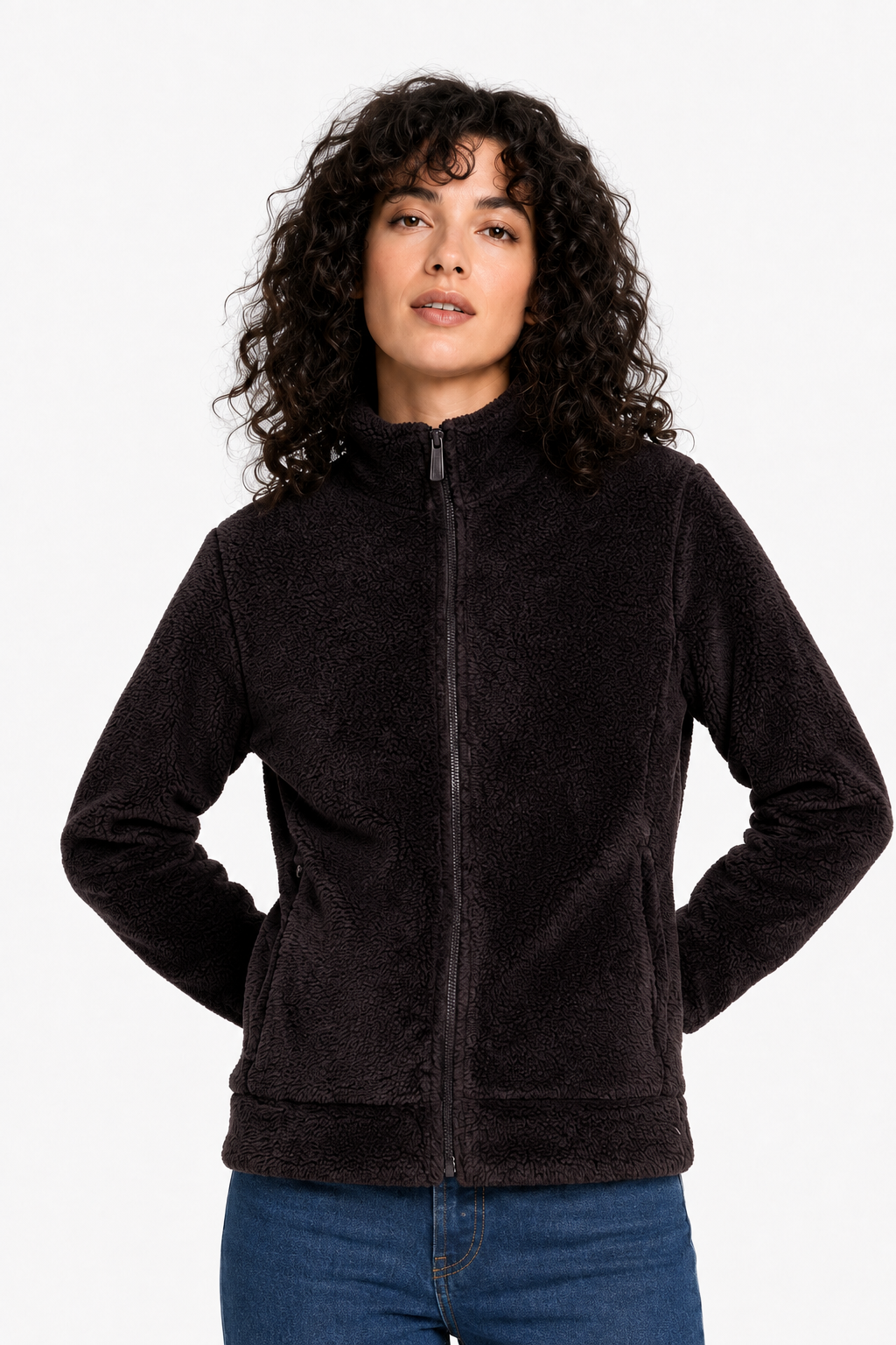 Women’s Wine Coral Fur Full-Zip Sweatshirt with Standing Collar and Side Pockets