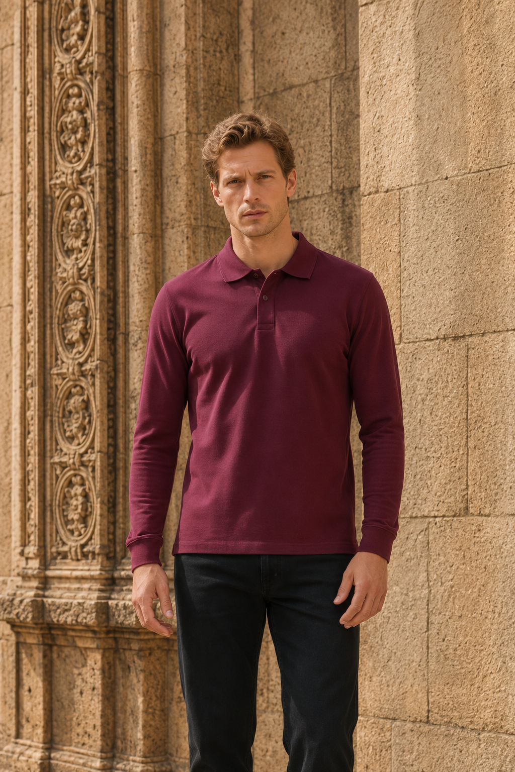 Men’s Merlot Pique Lycra Polo Neck Full-Sleeve Winter T-Shirt