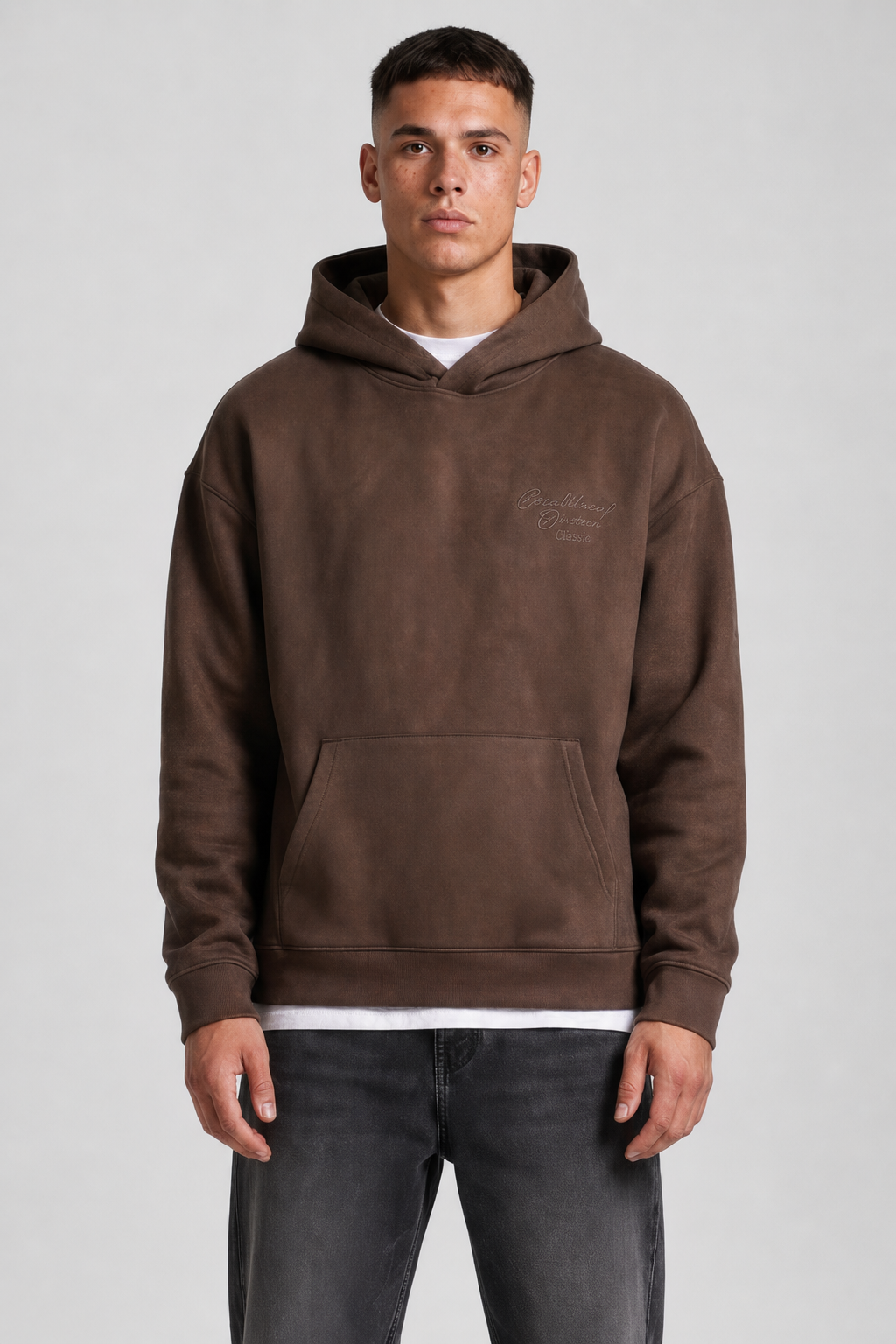 Men’s Espresso Hooded Sweatshirt in Knit Suede Fabric | Kangaroo Pocket
