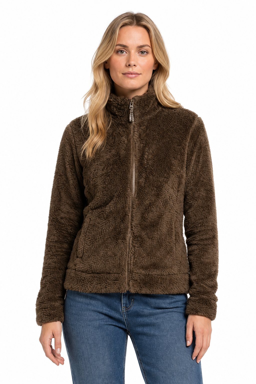 Women Tan Double Sided Coral Fur Full Zip | Soft Winter Sweatshirt