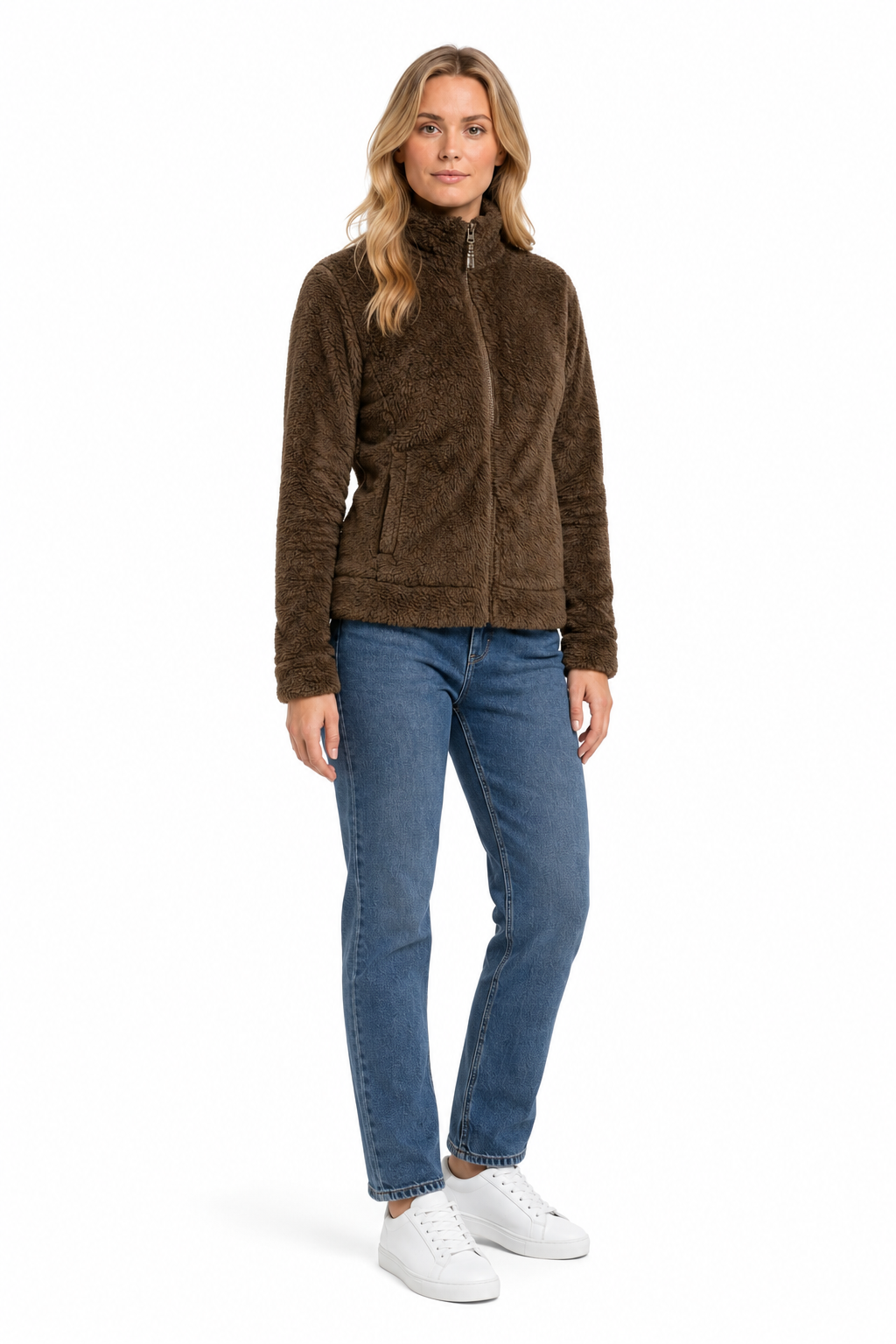 Women Tan Double Sided Coral Fur Full Zip | Soft Winter Sweatshirt