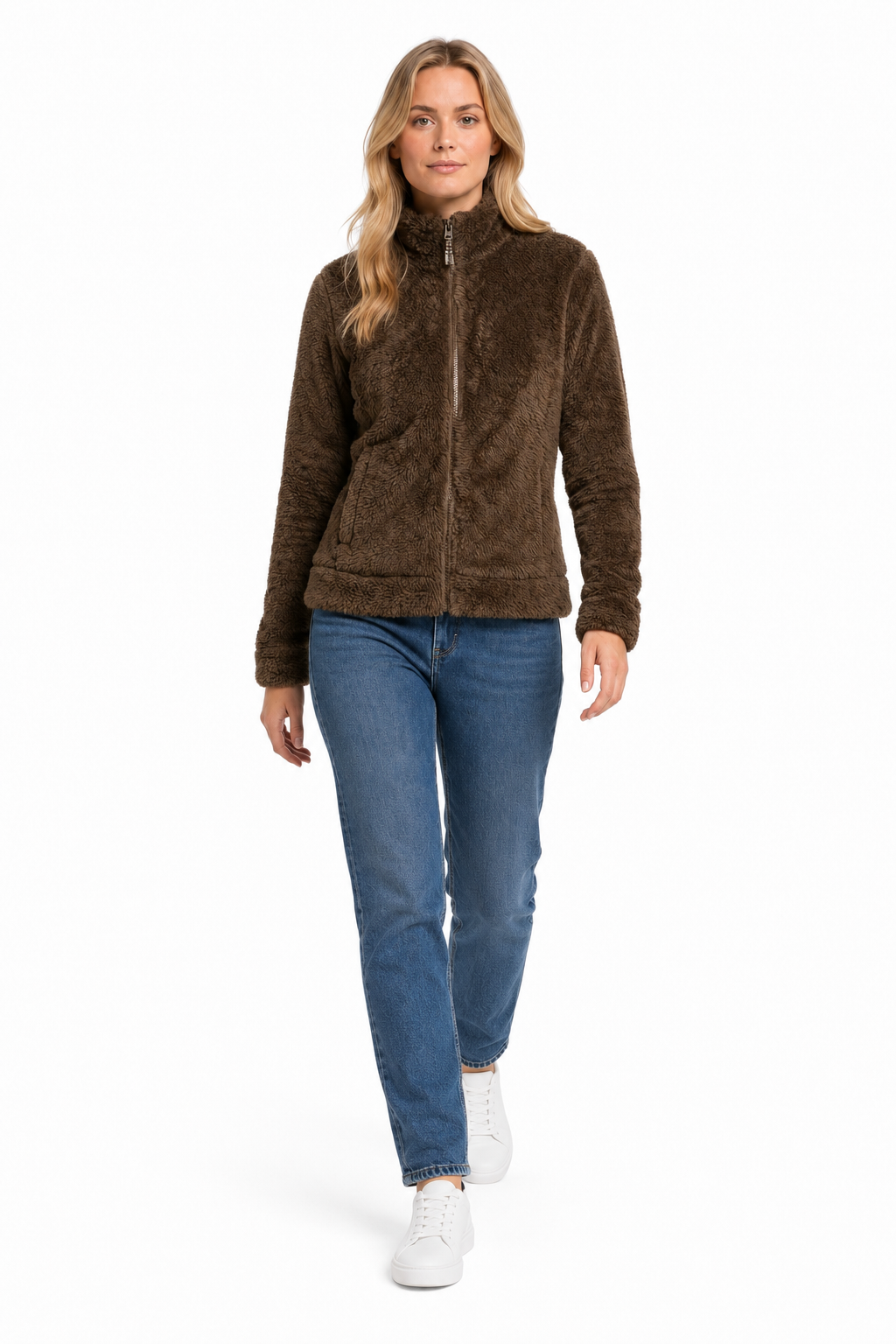 Women Tan Double Sided Coral Fur Full Zip | Soft Winter Sweatshirt
