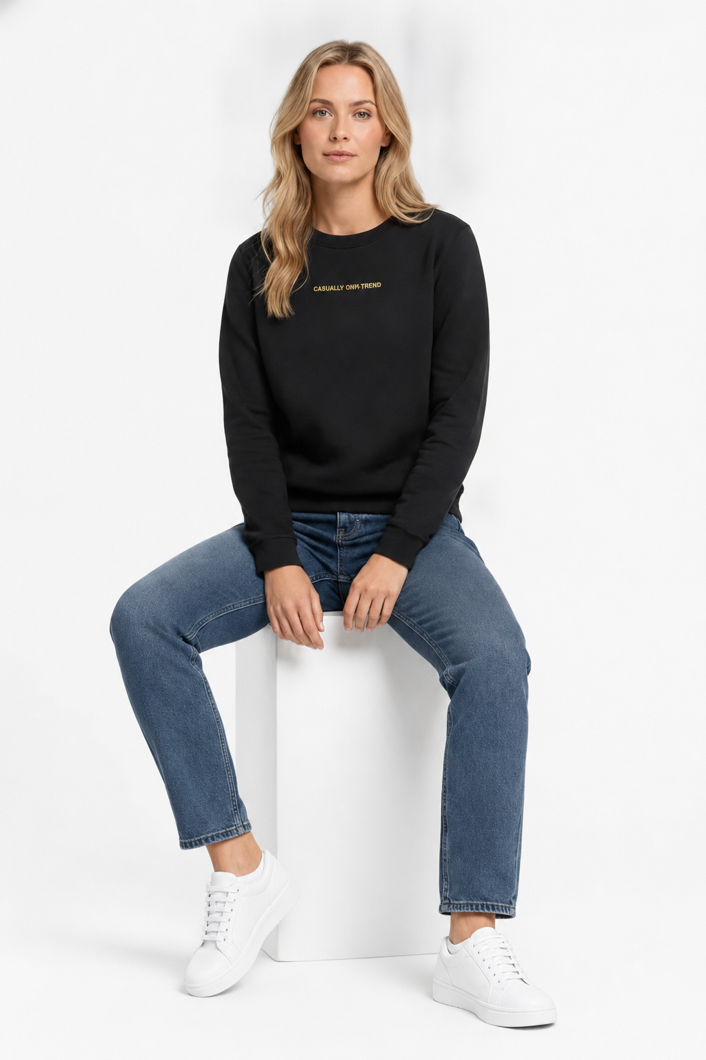 Women Black Cotton Fleece | Round Neck Full Sleeves Casual Winter Sweatshirt