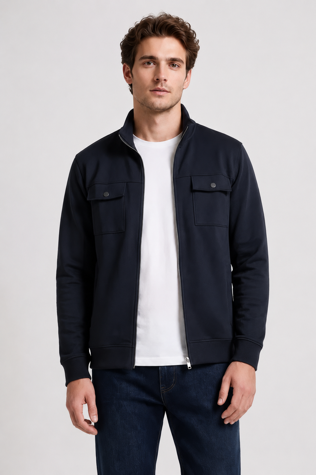 Men’s Black Cotton Blend  Full-Zip Utility Pocket Sweatshirt
