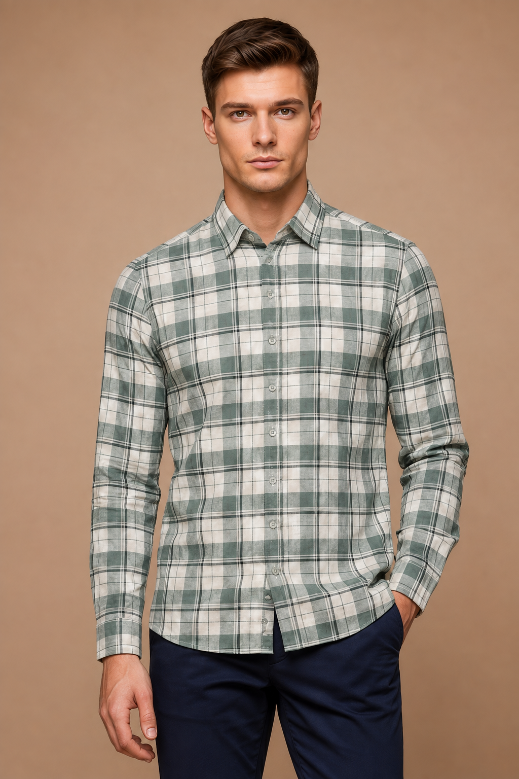 Men’s Fern Green Check Oxford Cotton Full-Sleeve Shirt