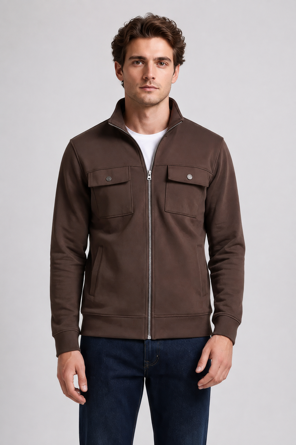Espresso Men’s, Cotton Blend  Full-Zip Utility Pocket Sweatshirt