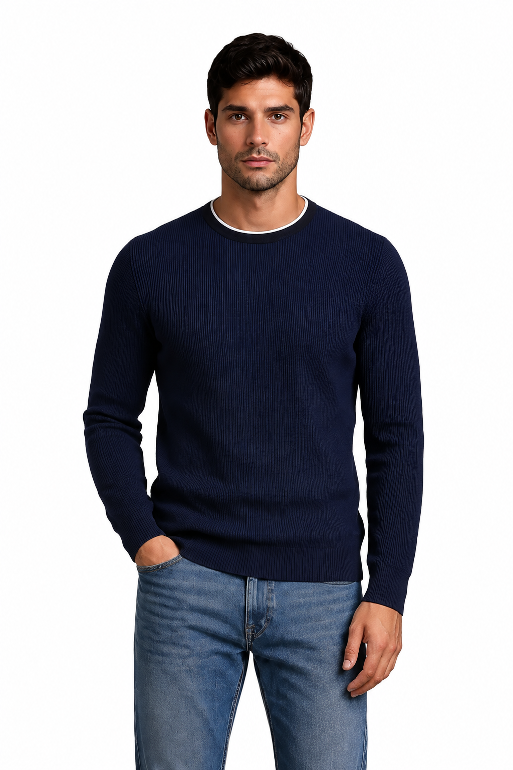 Men’s Navy Structured Cotton Round-Neck Full-Sleeve Winter Top