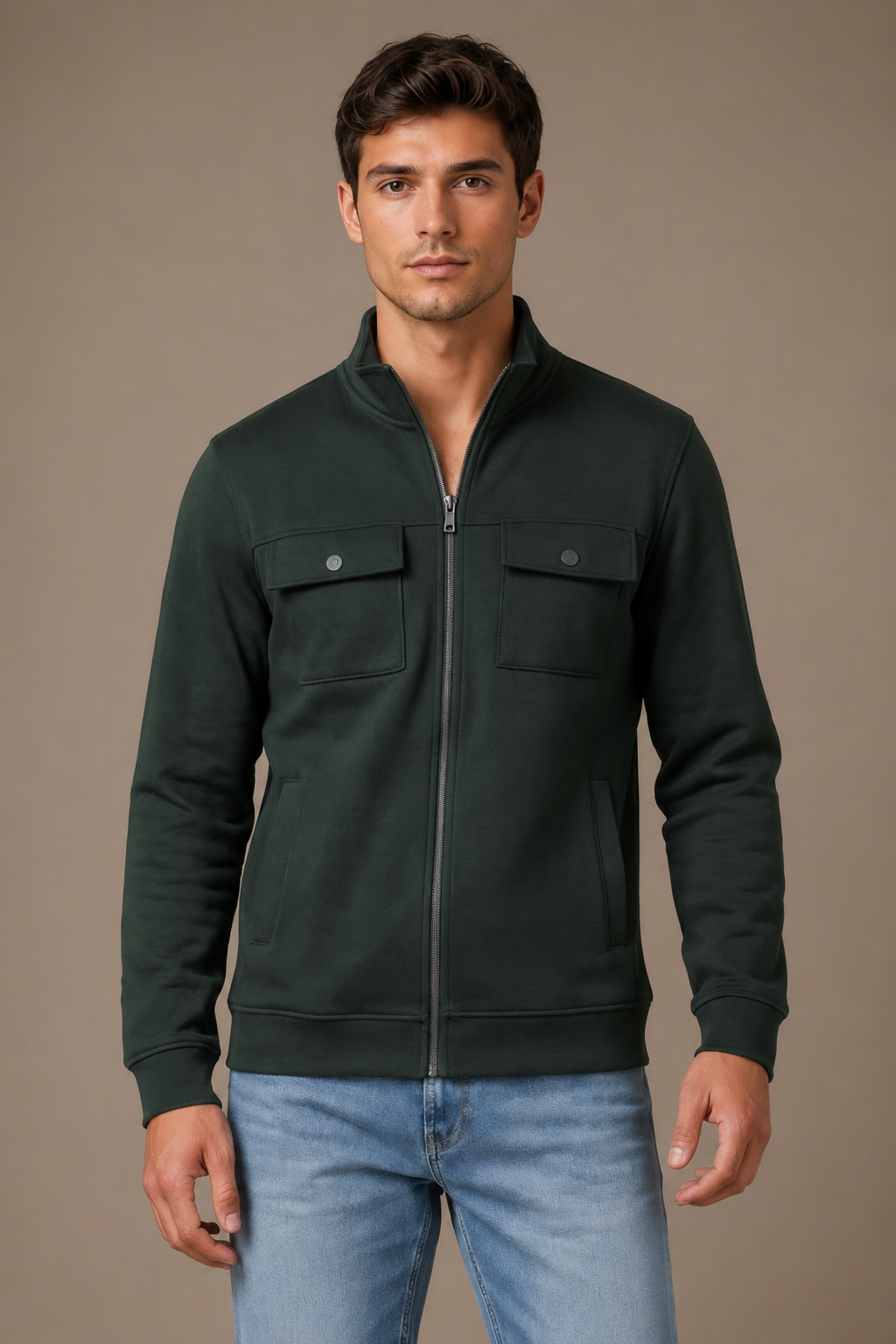 Men’s Dark Olive Full Zip with Stand Collar & Utility Pockets