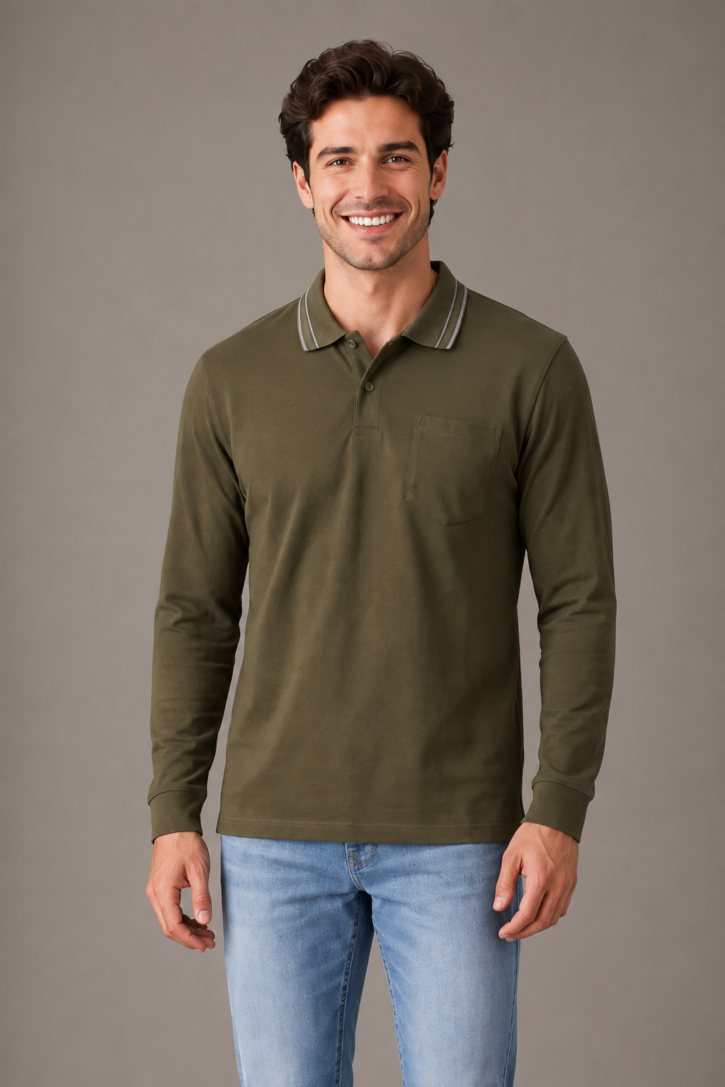 Men's Tan Full Sleeve Cotton Waffle Knit Polo T-Shirt | Textured