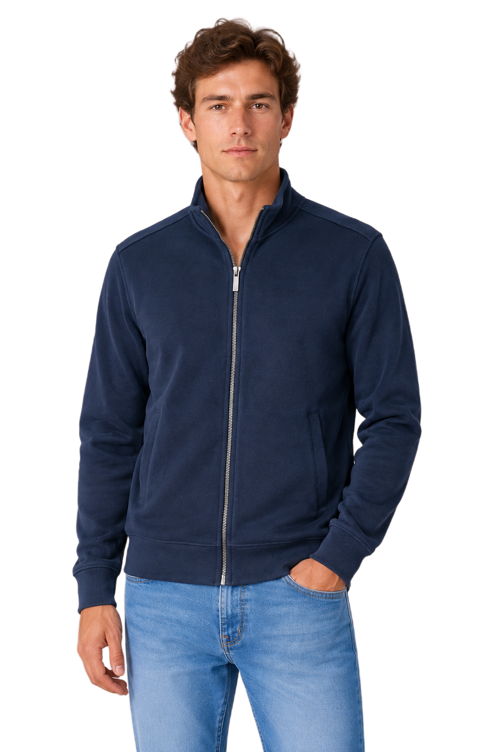 Men’s Navy Melange German Suede Full-Zip Winter Sweatshirt