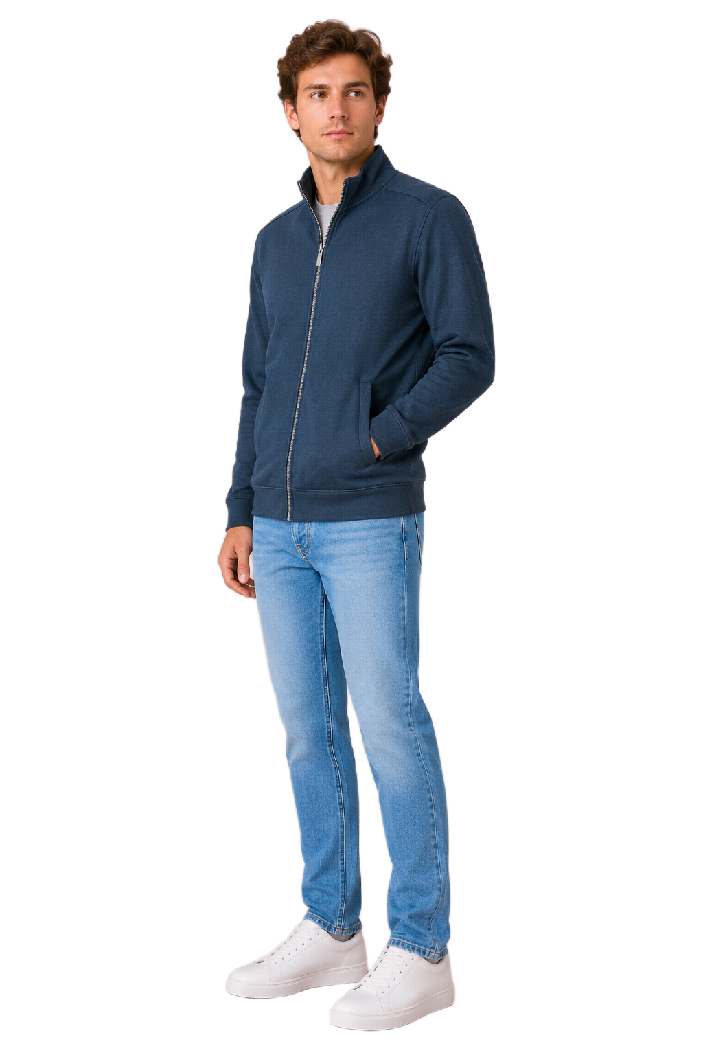 Men’s Navy Melange German Suede Full-Zip Winter Sweatshirt