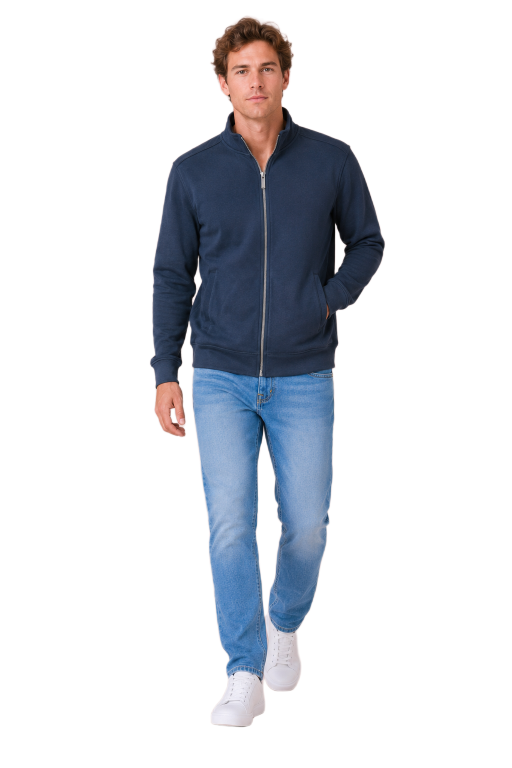 Men’s Navy Melange German Suede Full-Zip Winter Sweatshirt