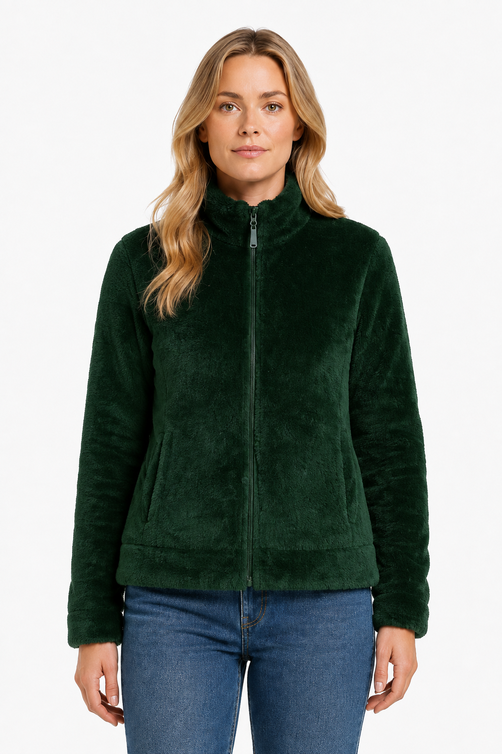 Women Hunter Green Double Sided Coral Fur Full Zip | Soft Winter Sweatshirt