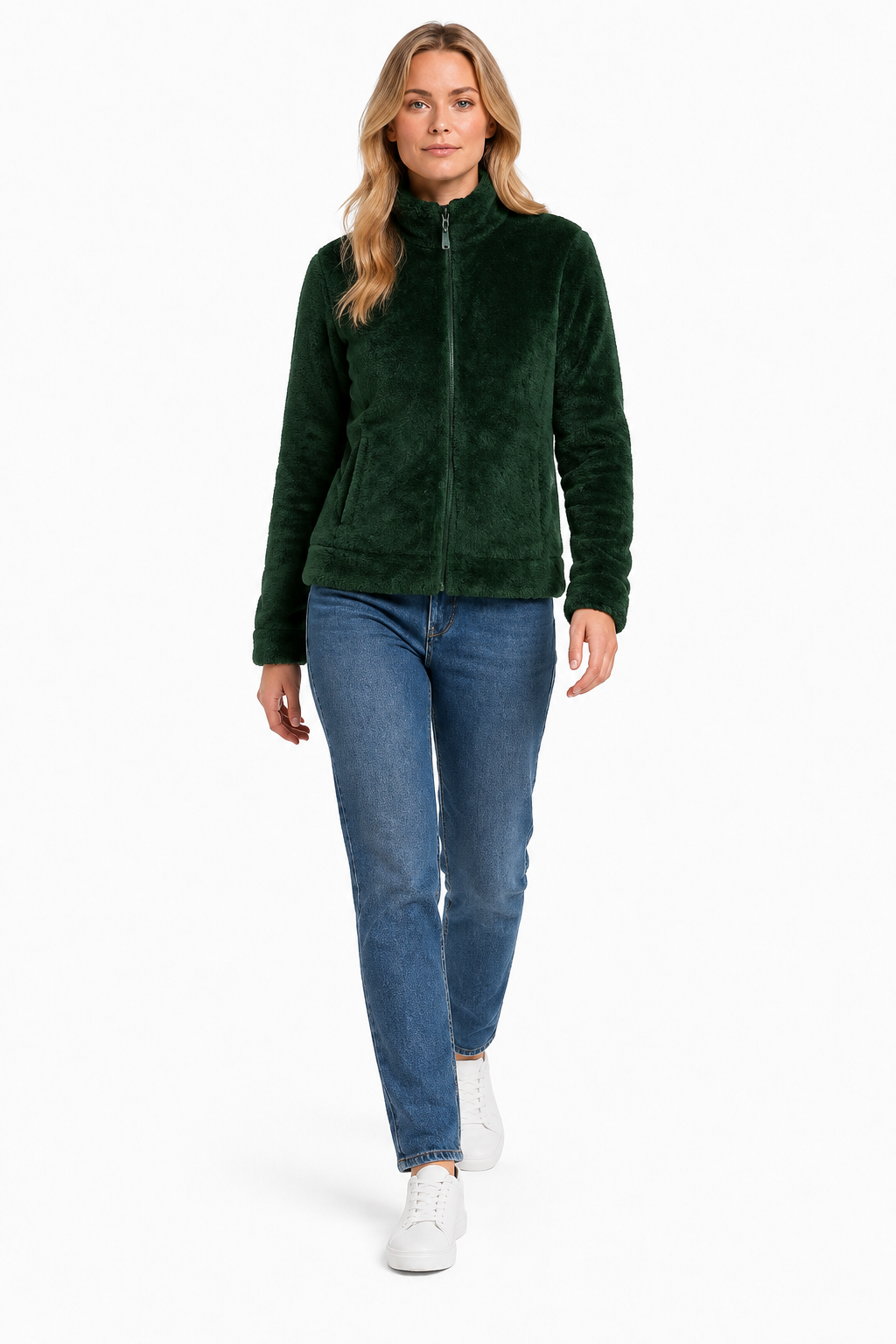 Women Hunter Green Double Sided Coral Fur Full Zip | Soft Winter Sweatshirt