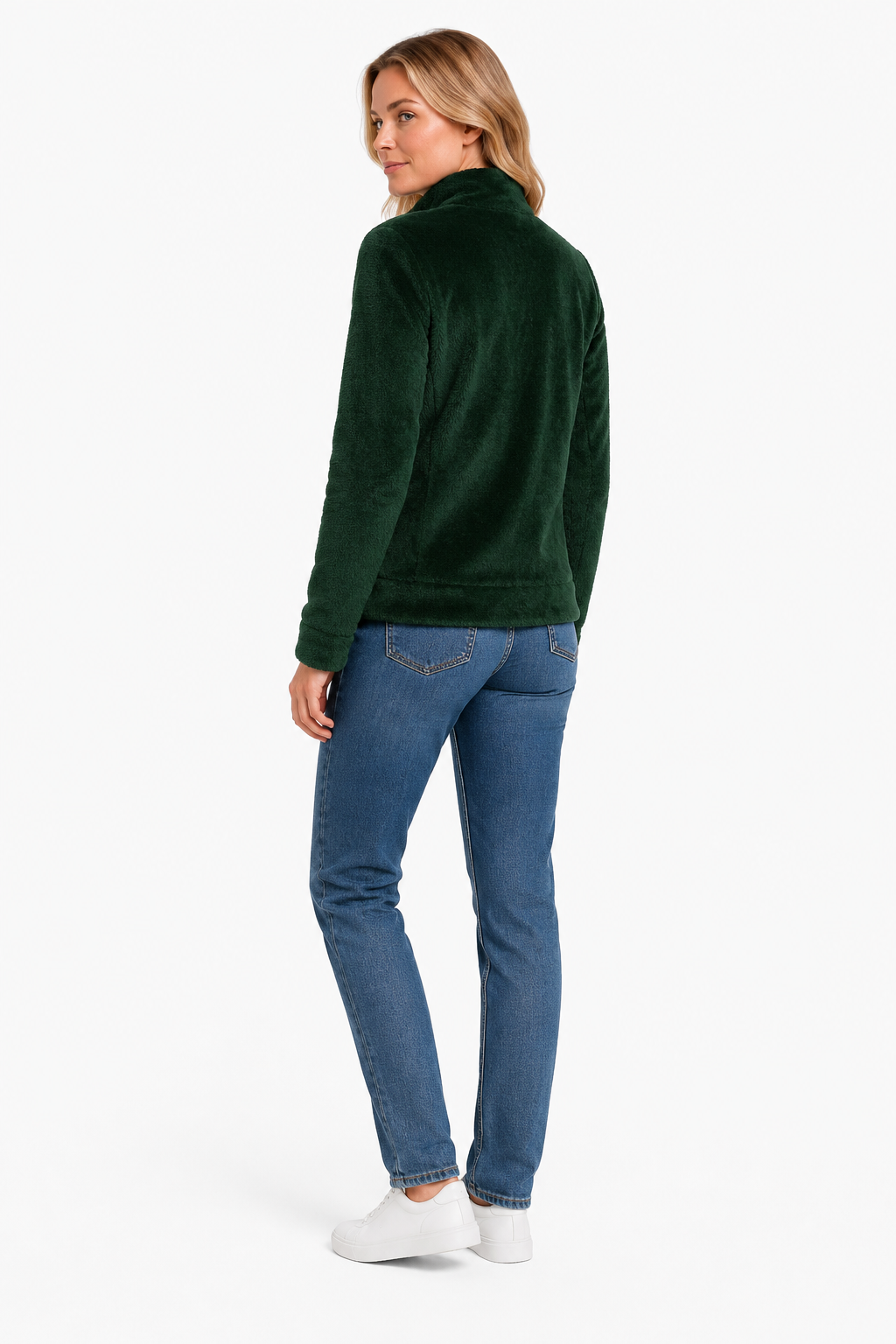 Women Hunter Green Double Sided Coral Fur Full Zip | Soft Winter Sweatshirt