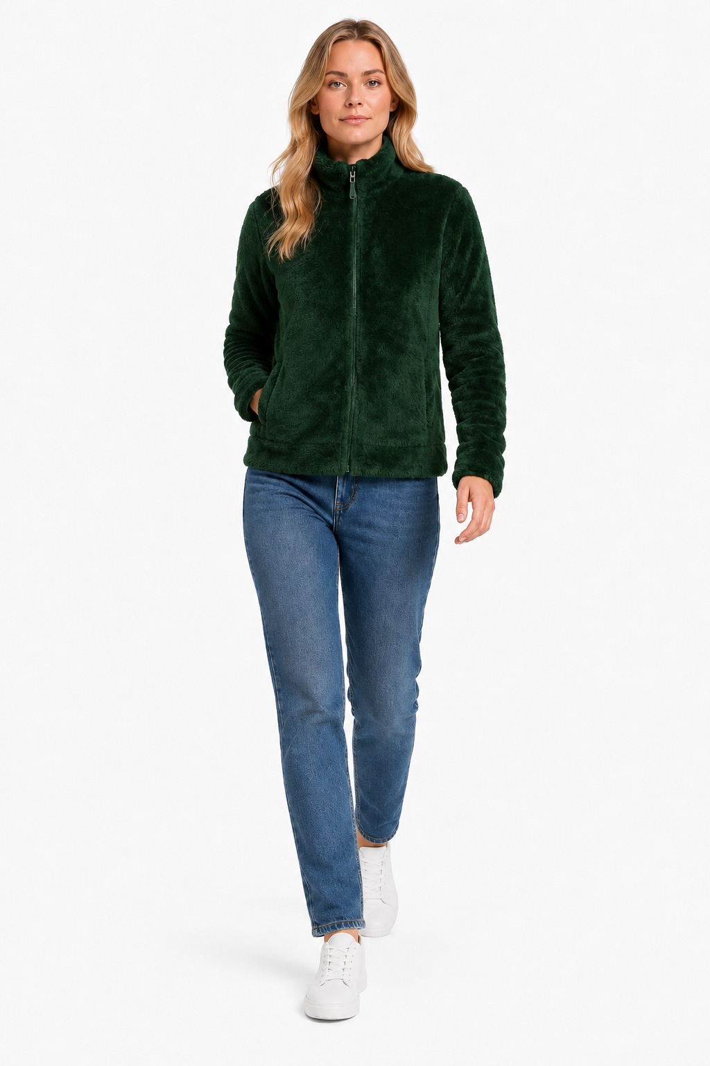 Women Hunter Green Double Sided Coral Fur Full Zip | Soft Winter Sweatshirt