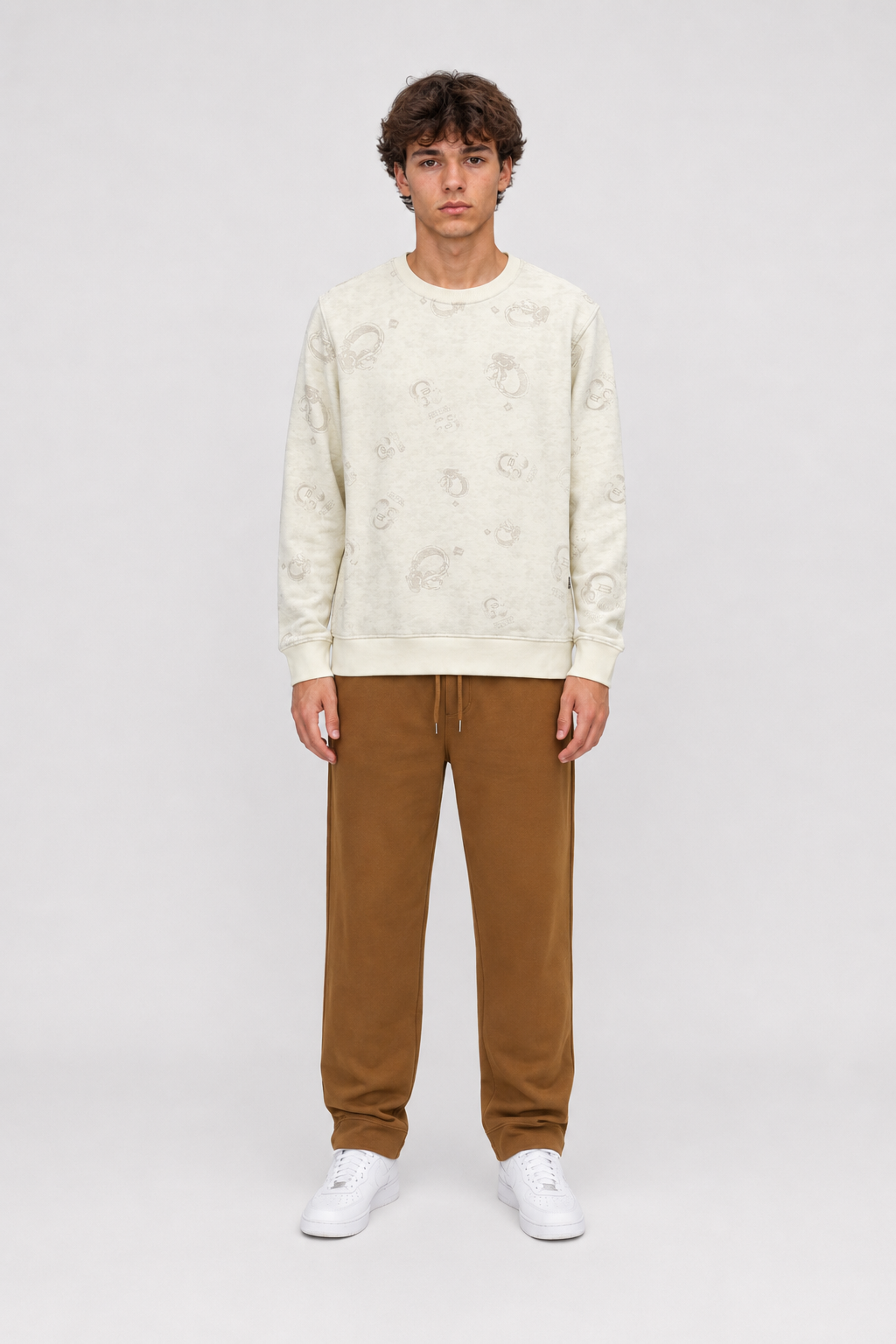 Men’s Tan Brushed Cotton Fleece Winter Lower – Regular Fit Knitted Track Pants with Side Stripes