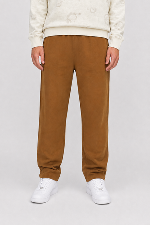 Men’s Tan Brushed Cotton Fleece Winter Lower – Regular Fit Knitted Track Pants with Side Stripes