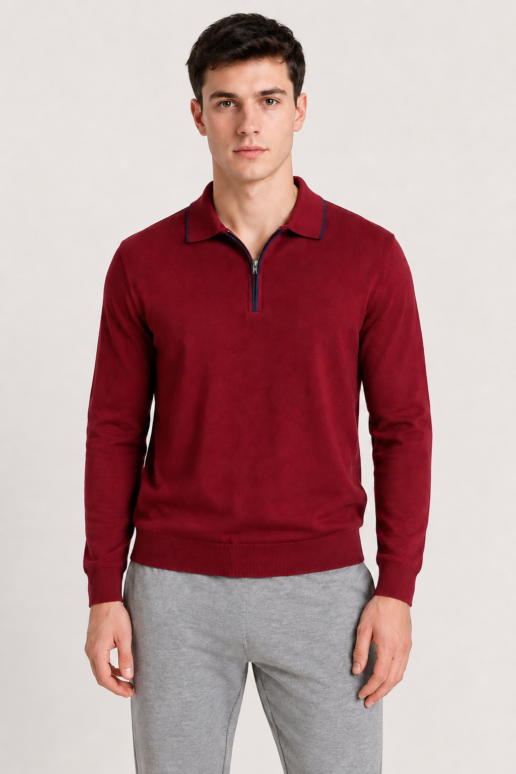 Men’s Merlot Half-Zip Polo Collar Sweater – Regular Fit Full Sleeve Winter Pullover