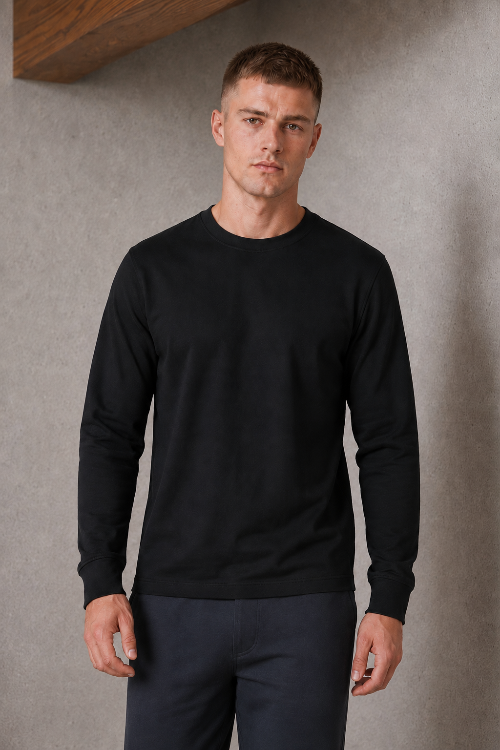 Men’s Black Interlock Full Sleeve Pre-Winter T-Shirt – Regular Fit Crew Neck Tee