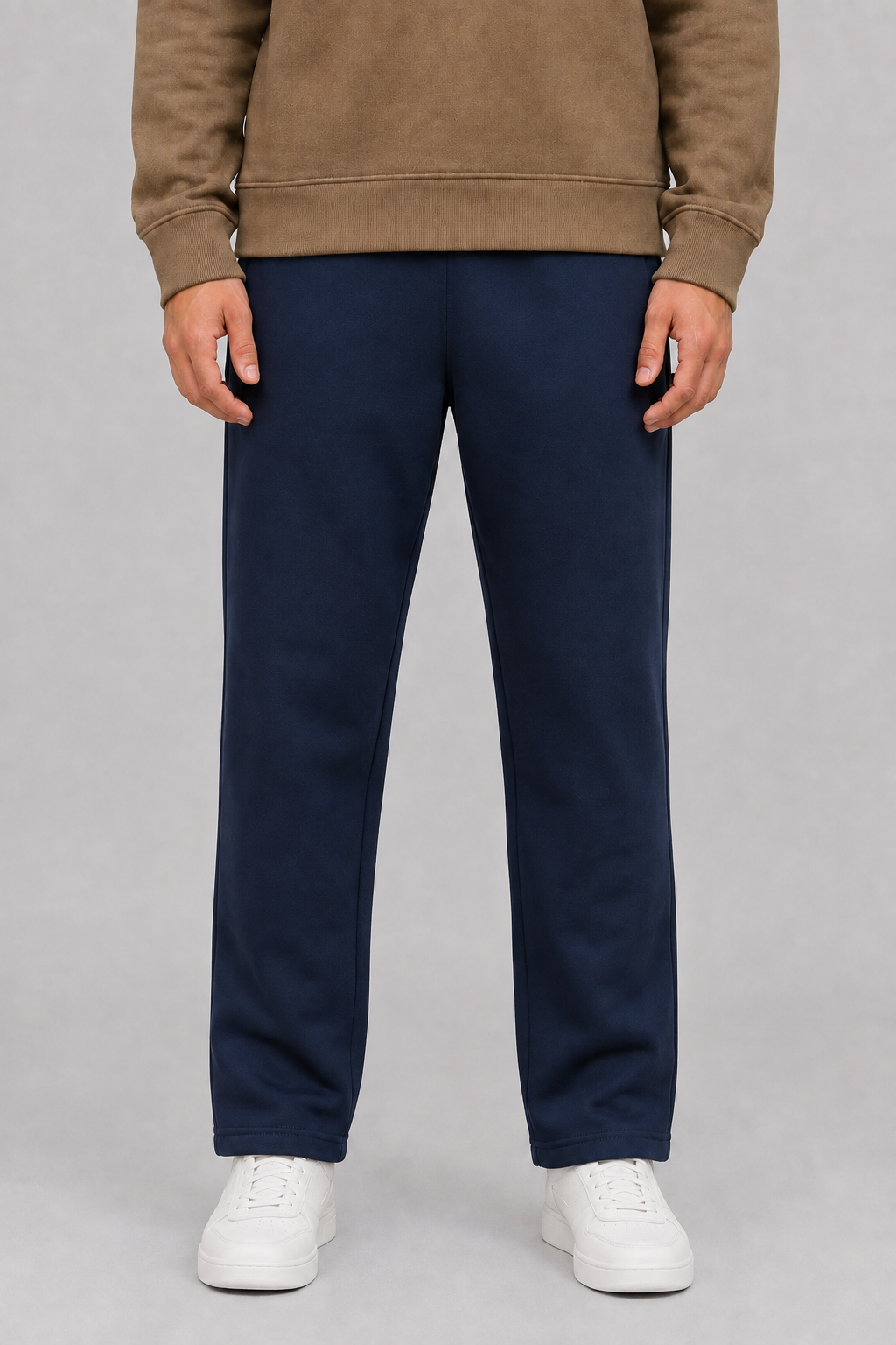 Men’s Dark Navy Brushed Cotton Fleece Winter Lower – Regular Fit Knitted Track Pants with Side Stripes