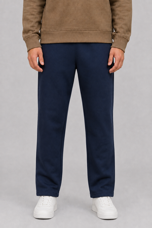 Men’s Dark Navy Brushed Cotton Fleece Winter Lower – Regular Fit Knitted Track Pants with Side Stripes