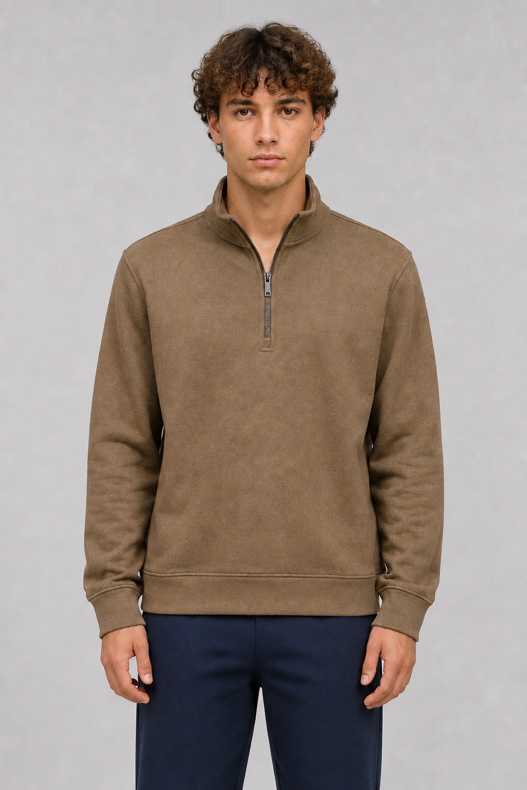 Men’s Brown Melange German Velvet Half-Zip Sweatshirt – Regular Fit Full Sleeve Winter Pullover