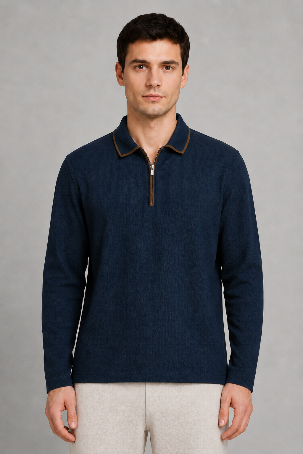 Men’s Dark Navy Popcorn Knit Polo Collar Pre-Winter T-Shirt – Regular Fit Full Sleeve Half-Zip Tee