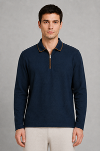 Men’s Dark Navy Popcorn Knit Polo Collar Pre-Winter T-Shirt – Regular Fit Full Sleeve Half-Zip Tee