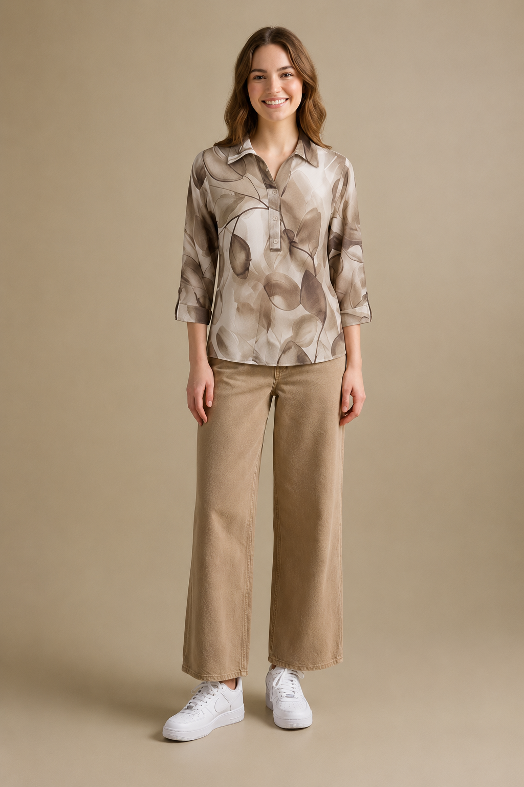 Floral Print Roll-Up Sleeves Cotton Blend Top