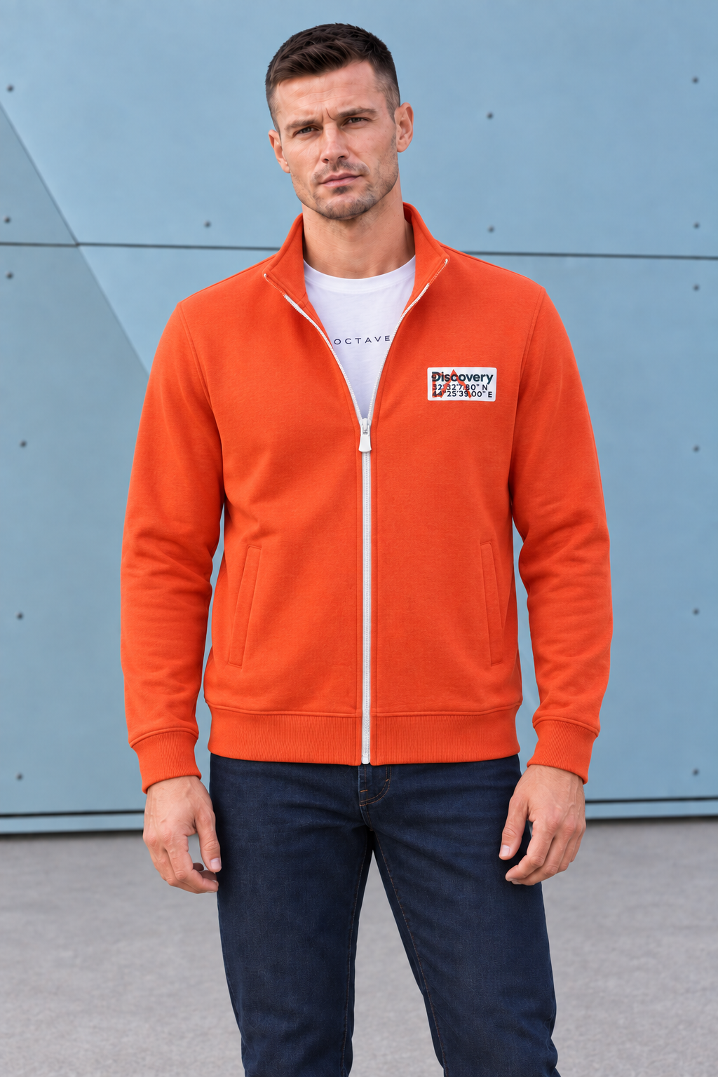 Discovery Cotton Fleece Full-Zip Sweatshirt – Cyber Orange | Winter High-Neck Sweatshirt with Graphic Branding