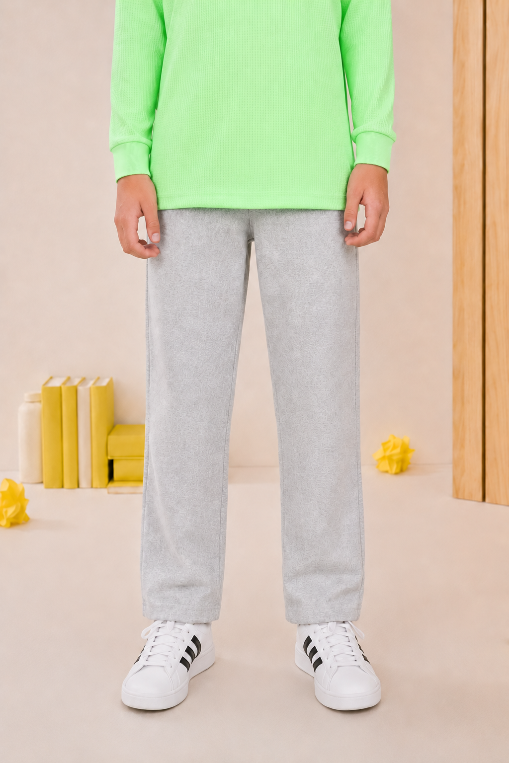 Junior Boys Grey Melange German Velvet Knitted Lower – Regular Fit Drawstring Track Pants