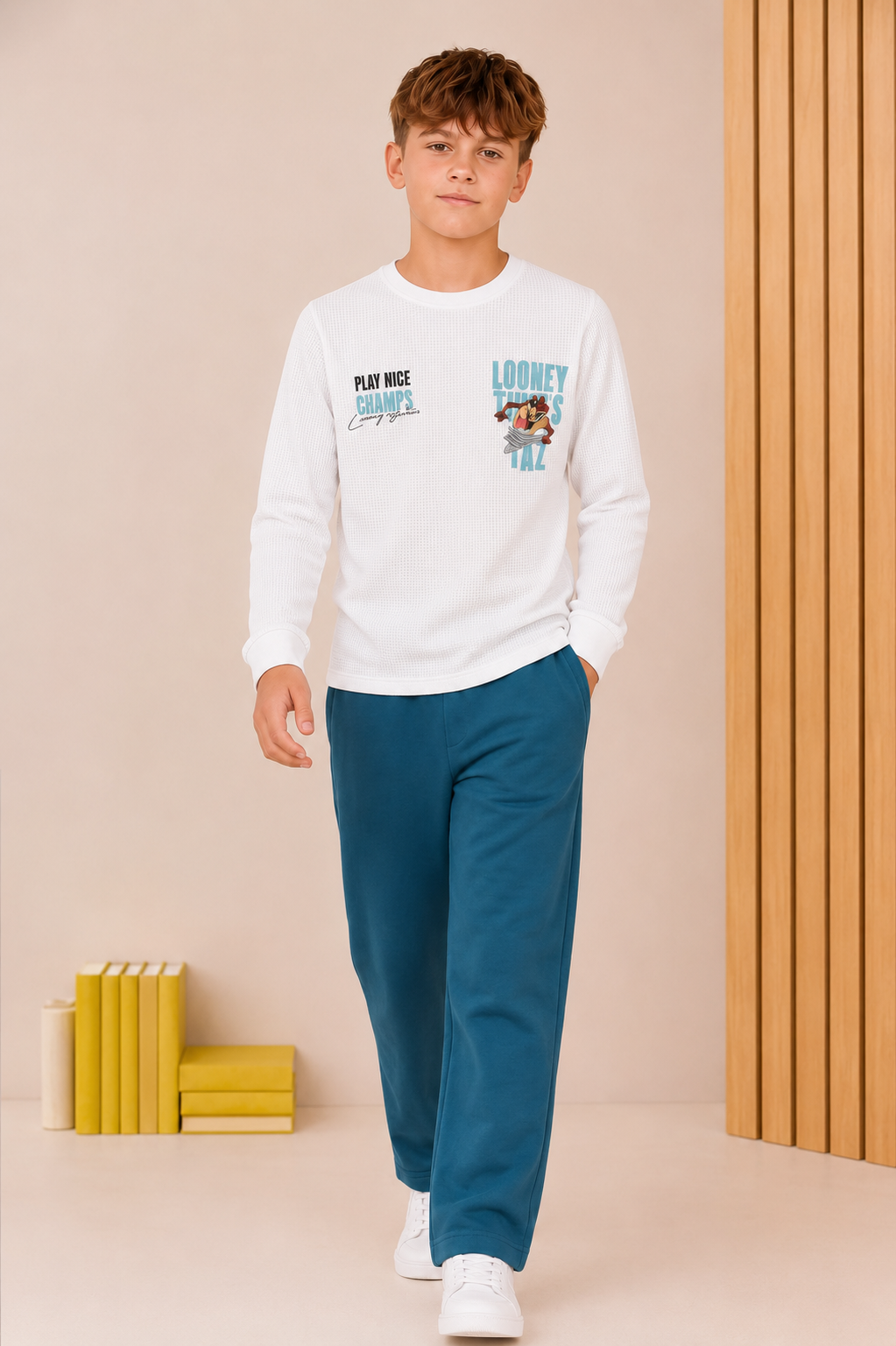Junior Boys Marvel Off-White Seer Sucker Full Sleeve Pre-Winter T-Shirt – Regular Fit with Back Graphic Print