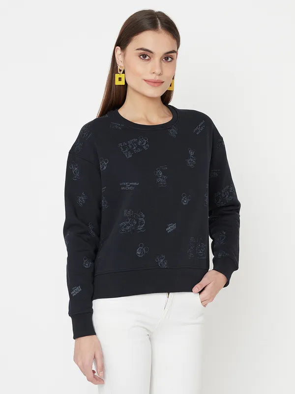 Mettle Women Navy Blue Printed Sweatshirt