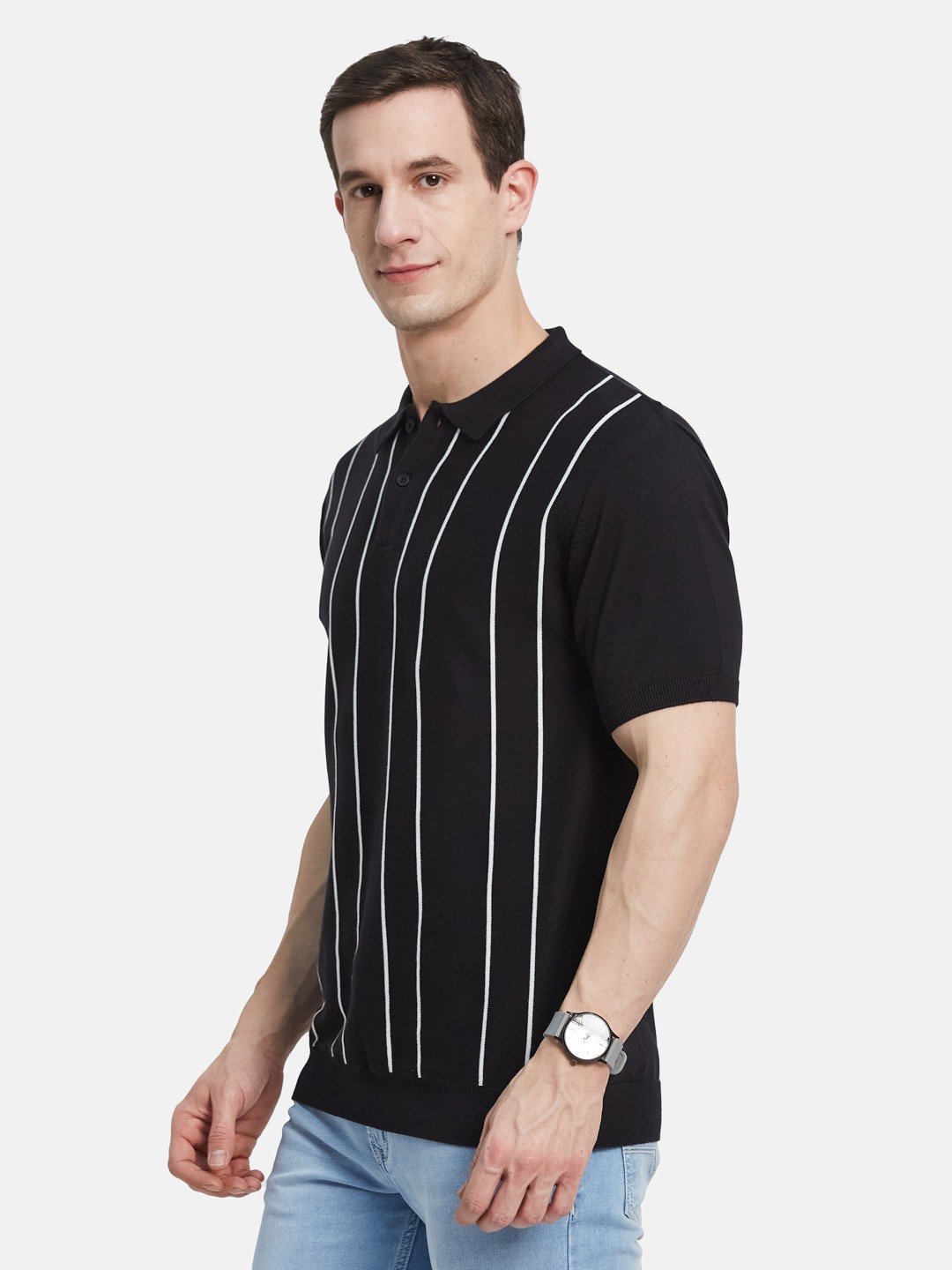 METTLE Men Striped Polo Collar Cotton T-shirt