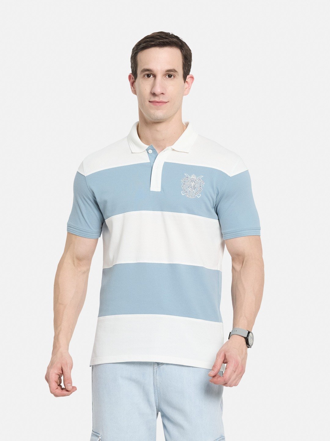 COLOUR BLOCKED CUTN SEW STRIPE EMBROIDED APPLIQUE  T-SHIRT