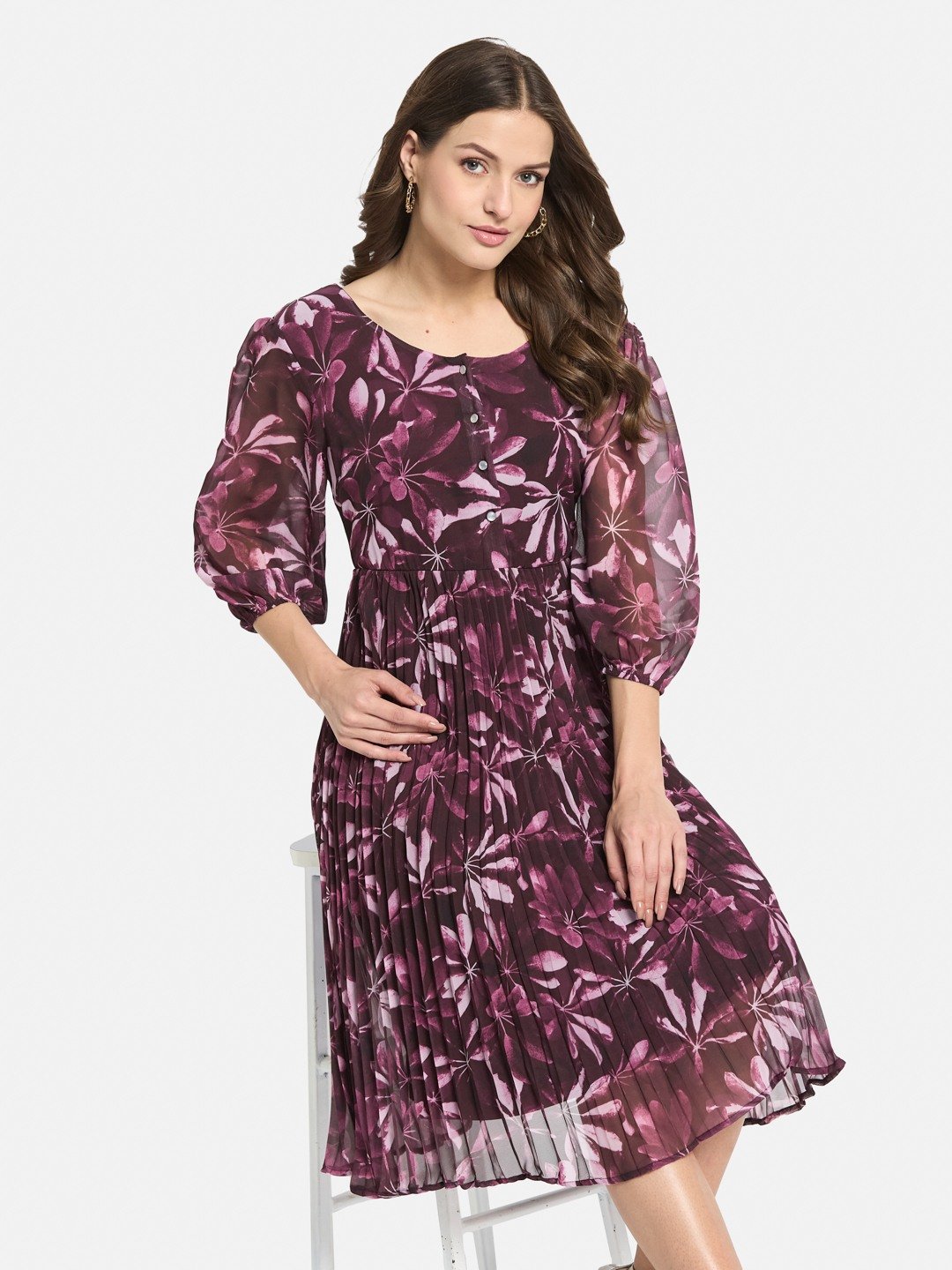 METTLE Women Floral Print Puff Sleeve Accordion Pleats Midi Fit & Flare Dress